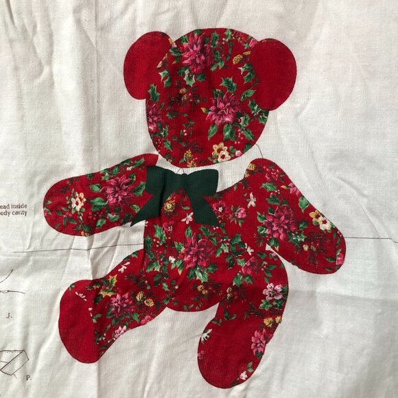 Vintage Red Poinsettia Teddy Bear panel Cranston Print Works Co sewing kit - Picture 1 of 8